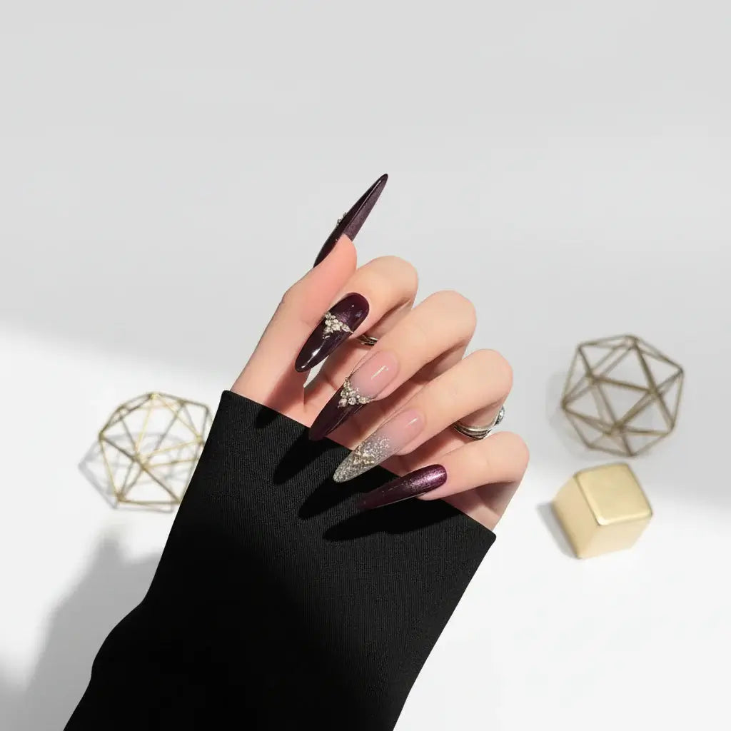 Purple Cat Eye Press on Nails with Zircon Crystals