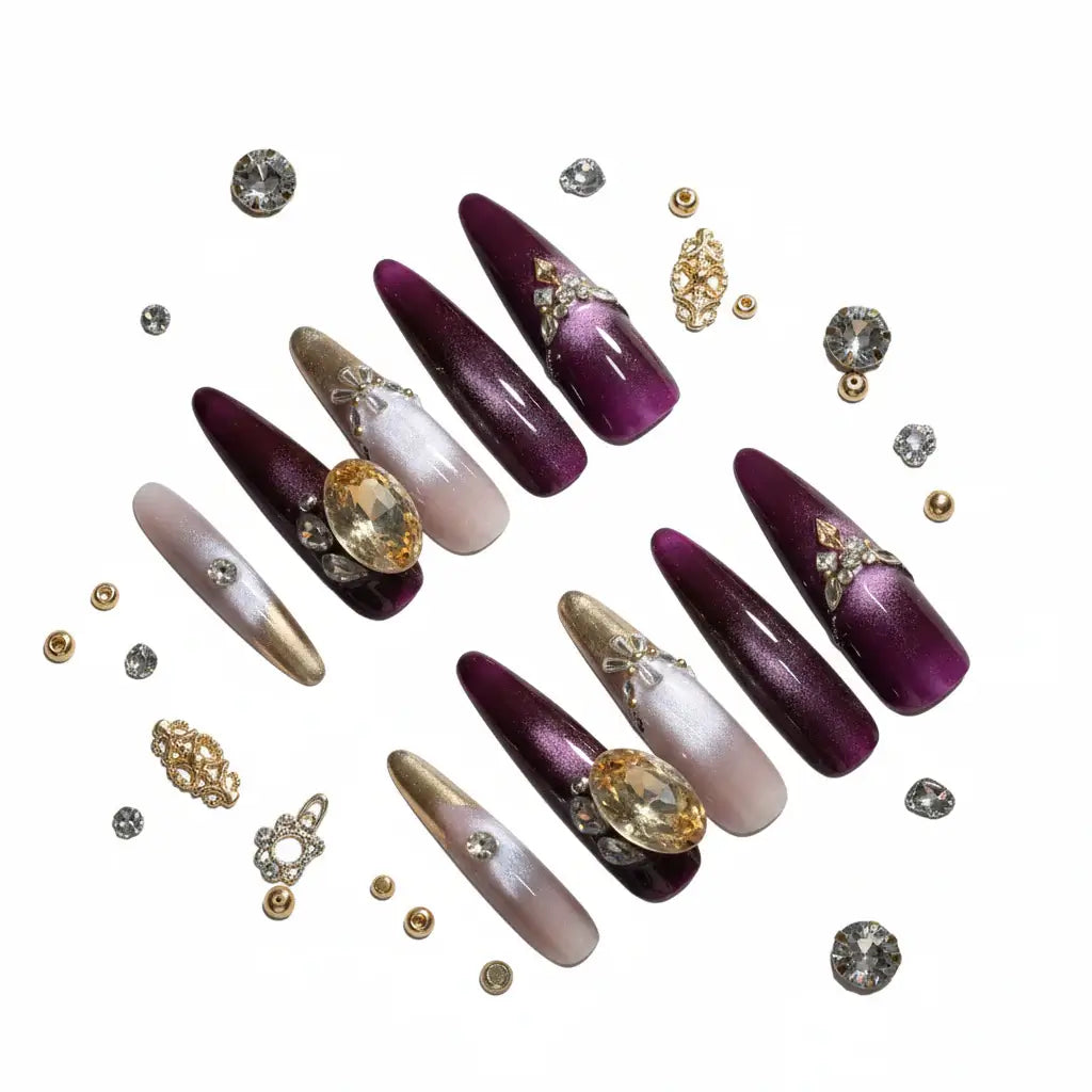 Purple Cat Eye Press on Nails with Zircon Crystals