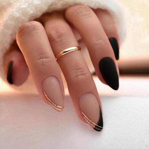 Black Press on Nails Medium Almond Fake Nails Matte False Nails Press Ons with Designs French Tip Acrylic Full Cover Glue on Nails Halloween Stick on Nail for Women Manicure 24 Pcs