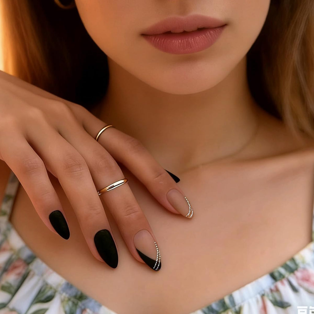 Black Press on Nails Medium Almond Fake Nails Matte False Nails Press Ons with Designs French Tip Acrylic Full Cover Glue on Nails Halloween Stick on Nail for Women Manicure 24 Pcs