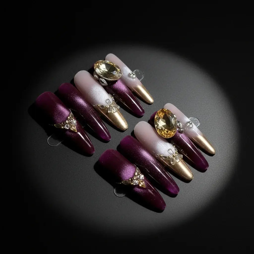 Purple Cat Eye Press on Nails with Zircon Crystals