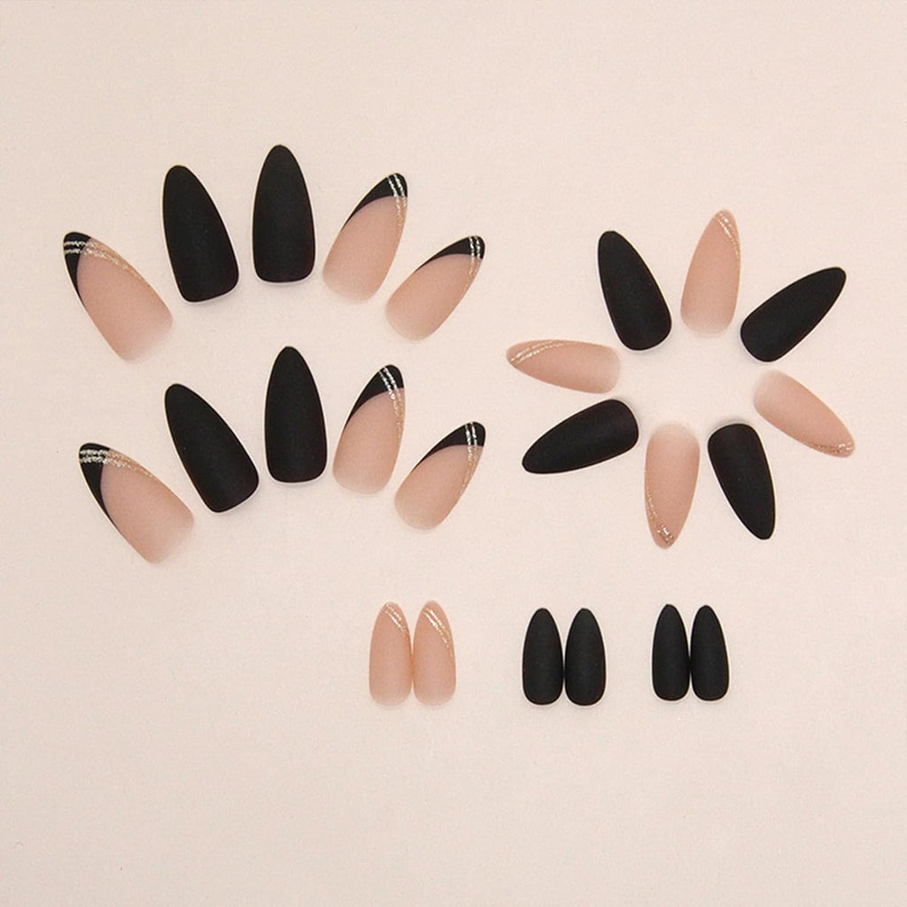Black Press on Nails Medium Almond Fake Nails Matte False Nails Press Ons with Designs French Tip Acrylic Full Cover Glue on Nails Halloween Stick on Nail for Women Manicure 24 Pcs