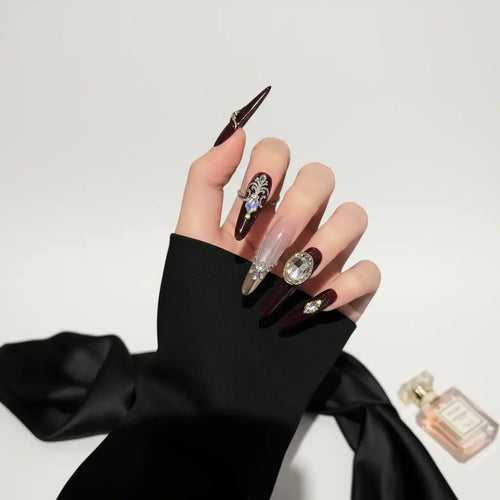 Purple Cat Eye Press on Nails with Zircon Crystals